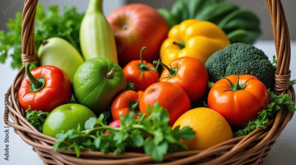 Vibrant Basket of Fresh Vegetables and Fruits in Complementary Colors Vibrant Basket of Fresh Vegetables and Fruits in Complementary Colors