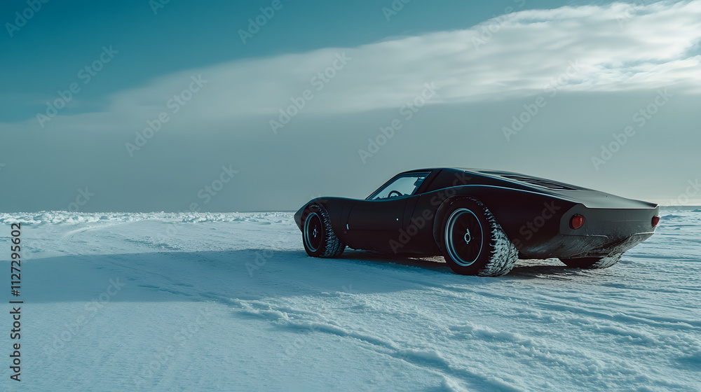 A sports car abandoned in a snowy field its smooth summer tires no match for the deep snow.