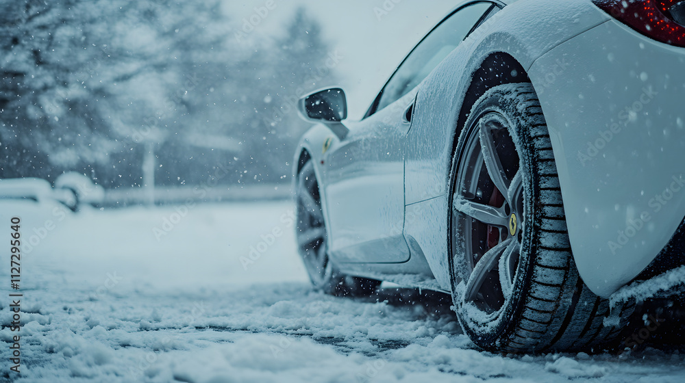 A sports car abandoned in a snowy parking lot its summer tires visibly unsuited for the icy terrain.