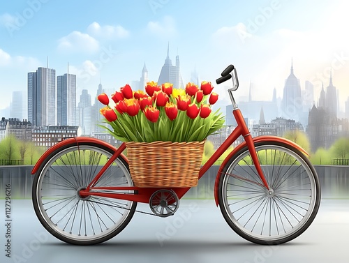 Red Bicycle With Basket Of Tulips In Cityscape photo