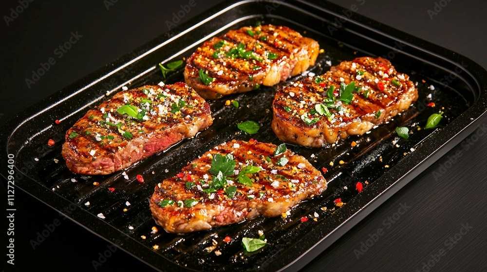 Grilled Beef Steak with Spices and Fresh Herbs on Black Background Grilled Beef Steak with Spices and Fresh Herbs on Black Background