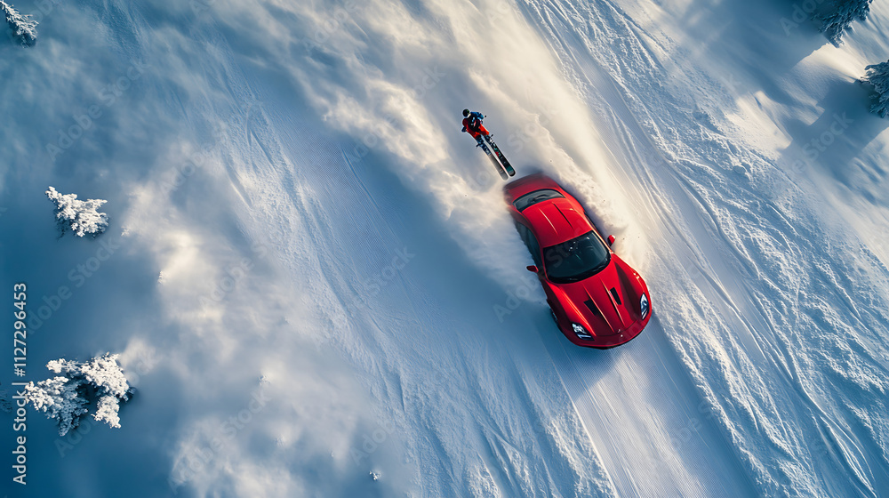 A sports car towing a skier through a snowy race course leaving sharp tracks in the powder.