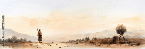 Solitary figure of John the Baptist stands in a desolate desert, embodying the wildness of his life while locusts and honey signify his sustenance amid dramatic skies and soft earth tones