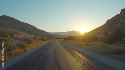 Golden Hour Drive Through the Idaho Mountains: Scenic Sunset Road Trip. AI Generated