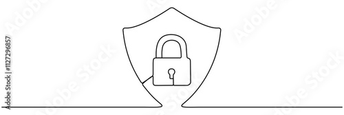 Guard badge with padlock inside continuous line drawing. Protect and security concept. Vector hand drawn illustration isolated on white.