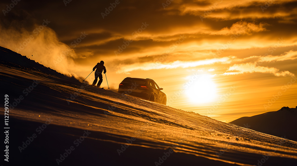 A stunning sunset silhouette of a skier being pulled by a car on a snowy hill.