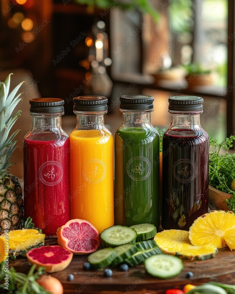 A vibrant display of colorful juices in glass bottles surrounded by fresh fruits and vegetables. A vibrant display of colorful juices in glass bottles surrounded by fresh fruits and vegetables.