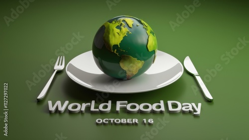 A banner for the celebration of World Food Day, which depicts a green globe lying on a white plate. The fork and knife are arranged symmetrically on both sides and the text 