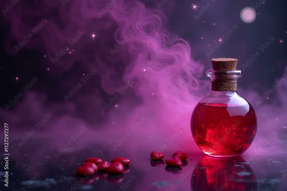 Enchanted Potion Bottle with Heart Candies in Mystical Setting Enchanted Potion Bottle with Heart Candies in Mystical Setting