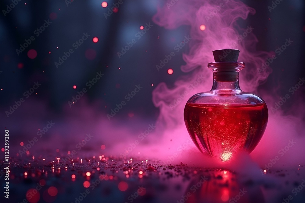Mystical Heart-Shaped Potion Bottle with Sparkling Red Liquid Mystical Heart-Shaped Potion Bottle with Sparkling Red Liquid