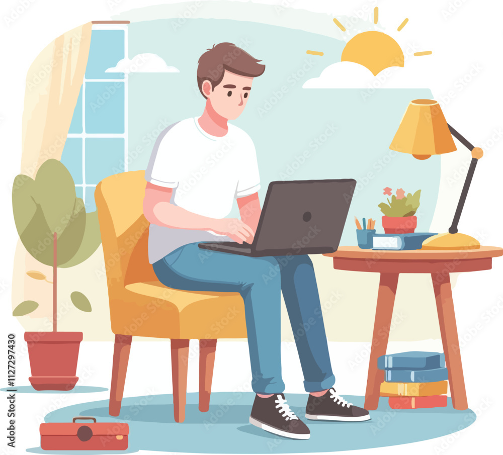 a boy is using his laptop vector a boy is using his laptop vector