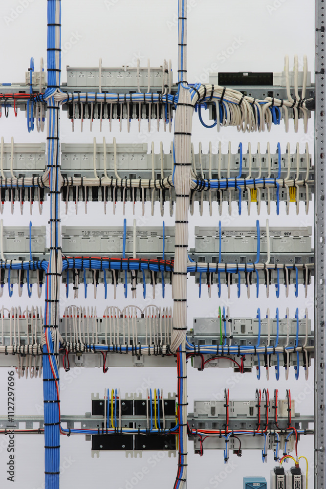The reverse side of the electrical switchboard. The connected wires are tied with plastic ties. The reverse side of the electrical switchboard. The connected wires are tied with plastic ties.