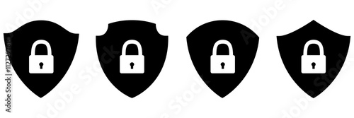 Shield badge with padlock inside collection. Security symbol. Vector illustration isolated on white.