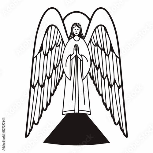 Black and white angel illustration with wings in line art