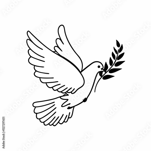 Black and white dove with olive branch in line art
