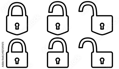 Closed and open line padlock collection. Locked and unlocked outline icon set. Privacy and security symbol. Vector illustration isolated on white.