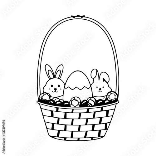 Black and white Easter basket with bunnies and eggs