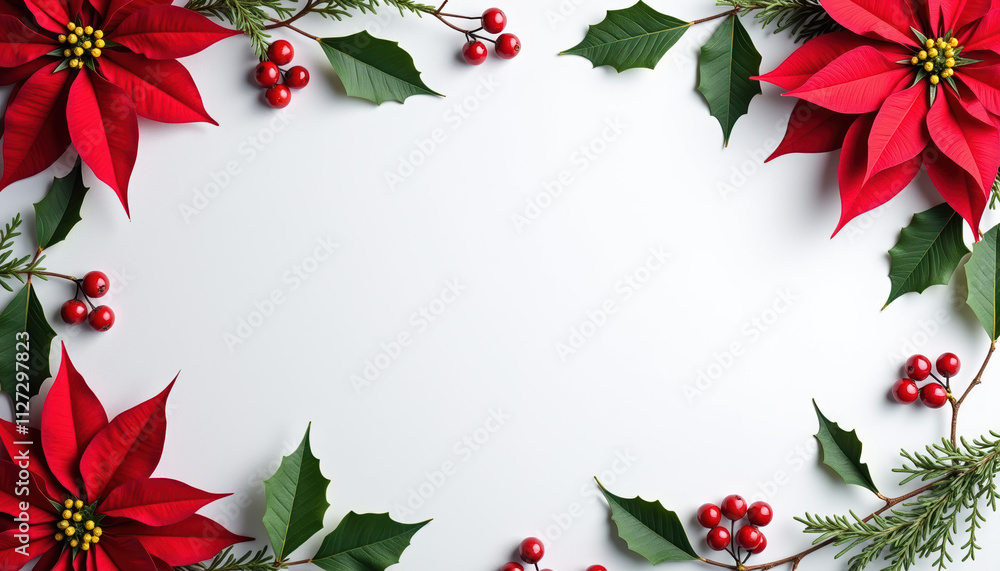 Banner with red poinsettia, frame for text, white background. Banner with red poinsettia, frame for text, white background.