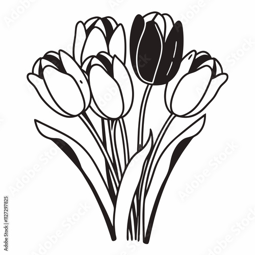 Black and white illustration of a tulip bouquet