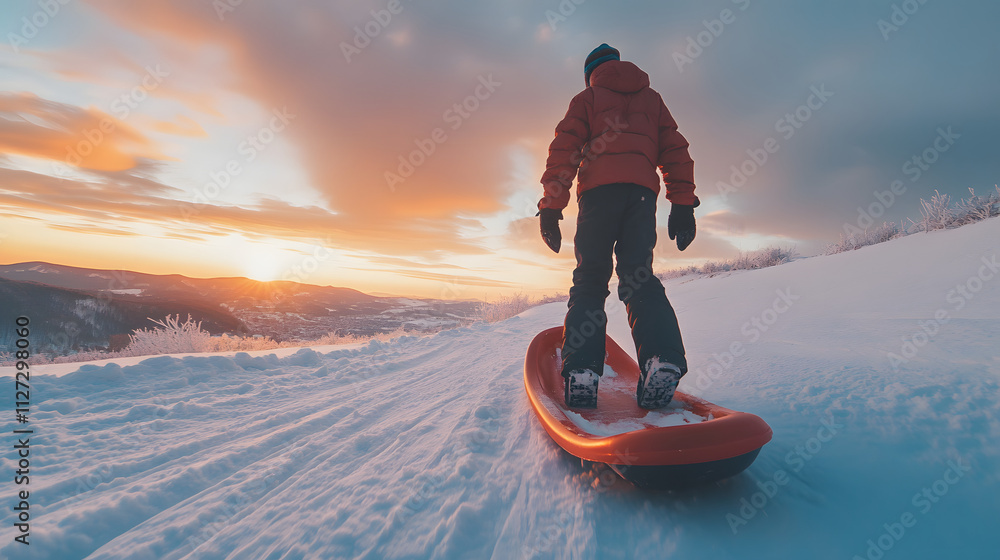 A teenager standing on their sled as they race down a snowy slope.
