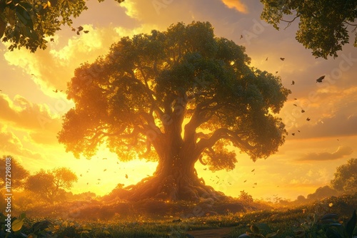 A vibrant and inspiring scene symbolizing growth, featuring a large, flourishing tree with deep roots and expansive branches reaching toward the sky photo