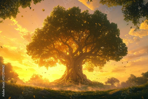 A vibrant and inspiring scene symbolizing growth, featuring a large, flourishing tree with deep roots and expansive branches reaching toward the sky photo