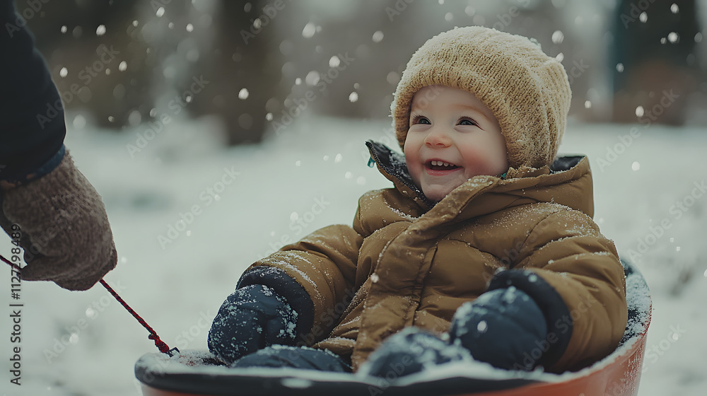 A toddler bundled up sitting on a sled as a parent pulls them across a snowy park.
