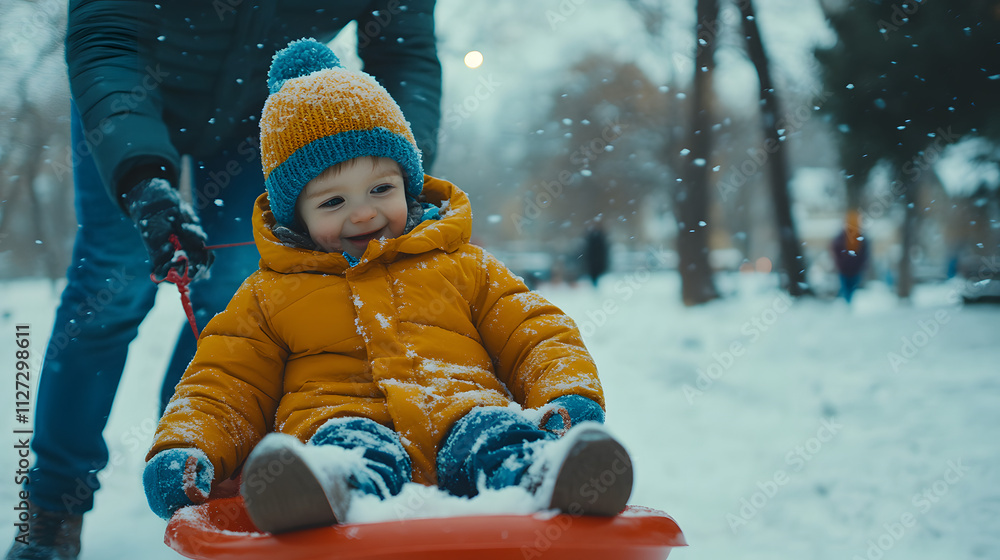 A toddler bundled up sitting on a sled as a parent pulls them across a snowy park.