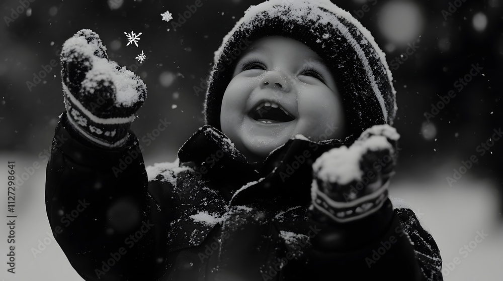 A toddler giggling as they try to catch snowflakes with their tiny mittens.