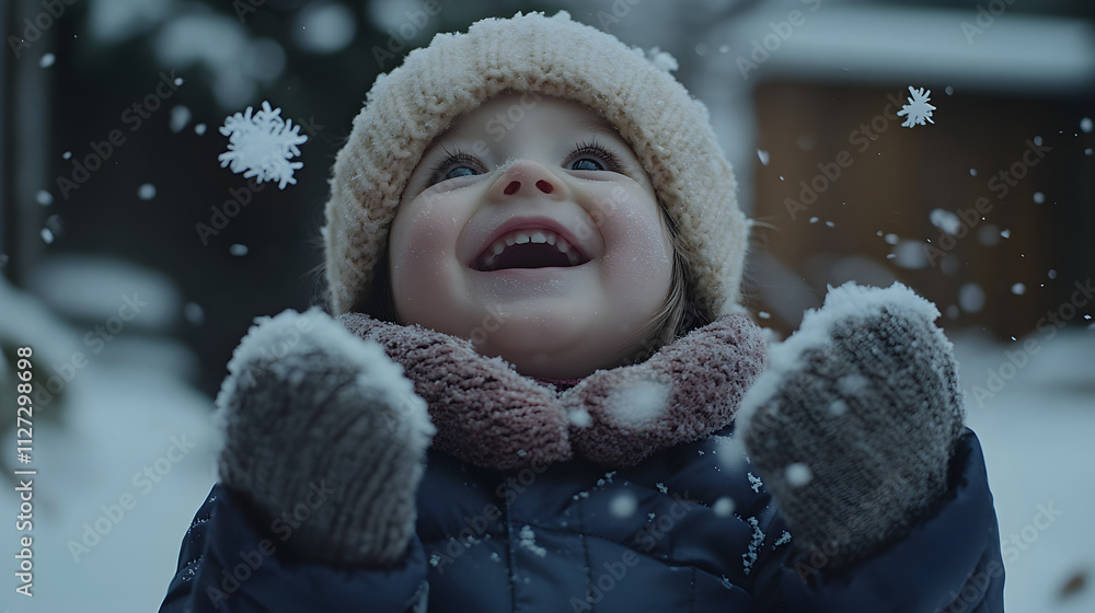A toddler giggling as they try to catch snowflakes with their tiny mittens.