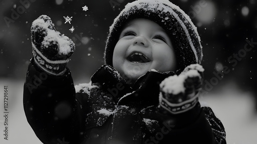 A toddler giggling as they try to catch snowflakes with their tiny mittens.