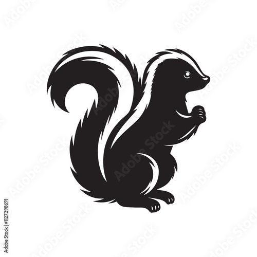 Skunk Silhouette Vector Illustration, Solid White Background.