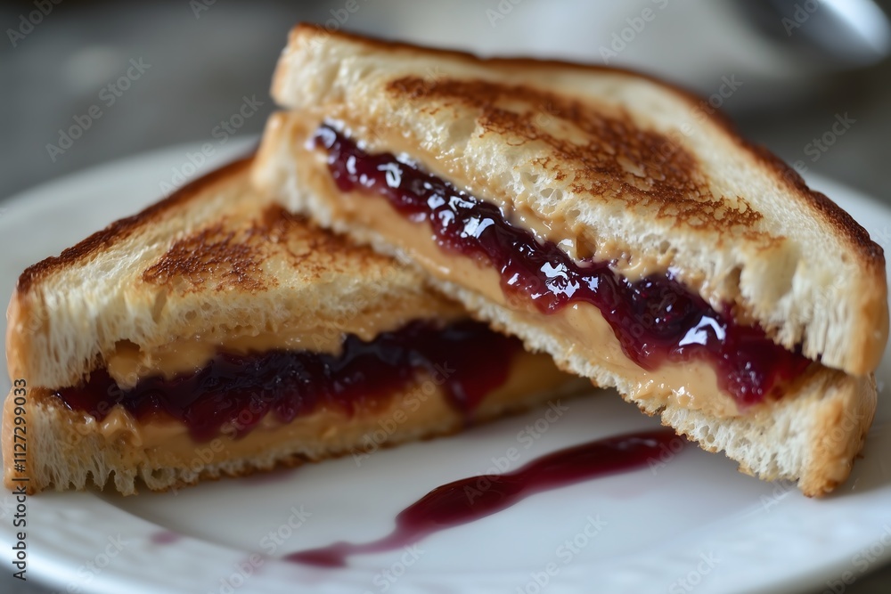 A close-up of a peanut butter and jelly sandwich cut in half A close-up of a peanut butter and jelly sandwich cut in half
