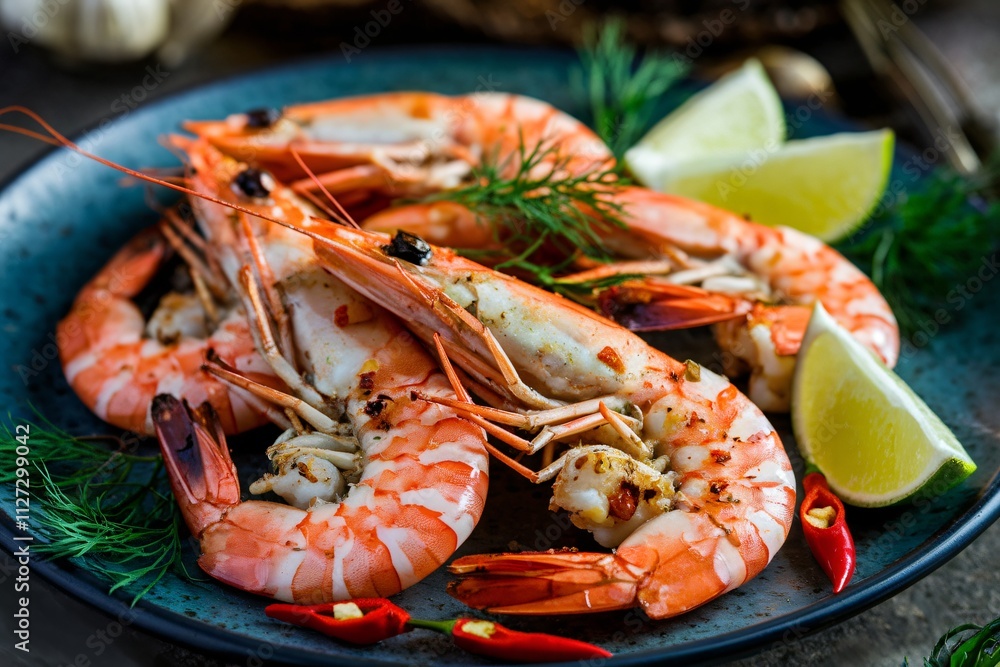 a plate of grilled shrimp seasoned with spices and herbs. a plate of grilled shrimp seasoned with spices and herbs.