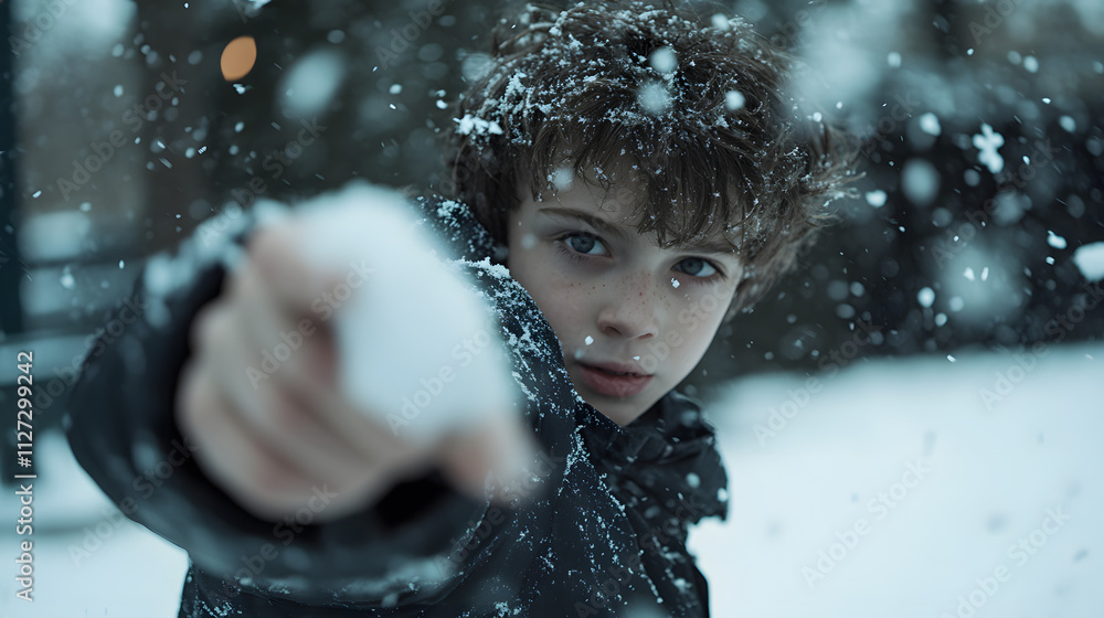 A young boy aiming a snowball with determination during a snowy duel.