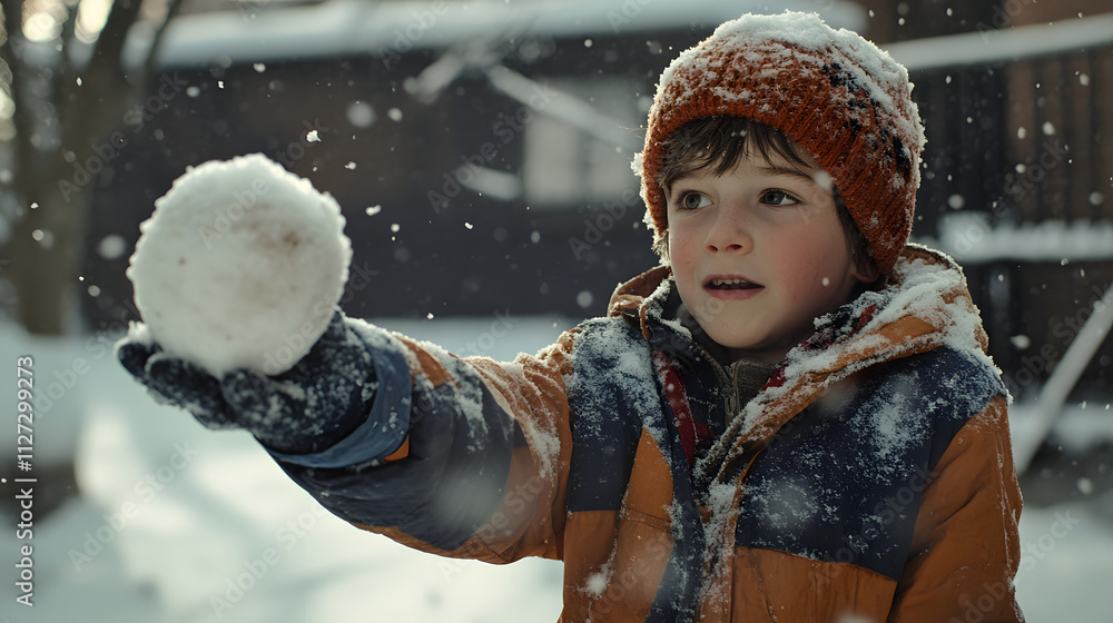 A young boy triumphantly holding a snowball ready to throw during a snowy battle.
