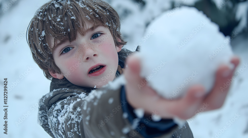 A young boy triumphantly holding a snowball ready to throw during a snowy battle.
