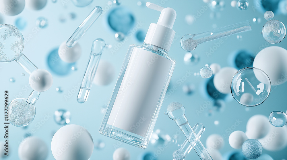 Transparent glass bottle with white label of skin care product, surrounded by transparent tubes and bubbles in an industrial laboratory setting on pink and blue tones Transparent glass bottle with white label of skin care product, surrounded by transparent tubes and bubbles in an industrial laboratory setting on pink and blue tones