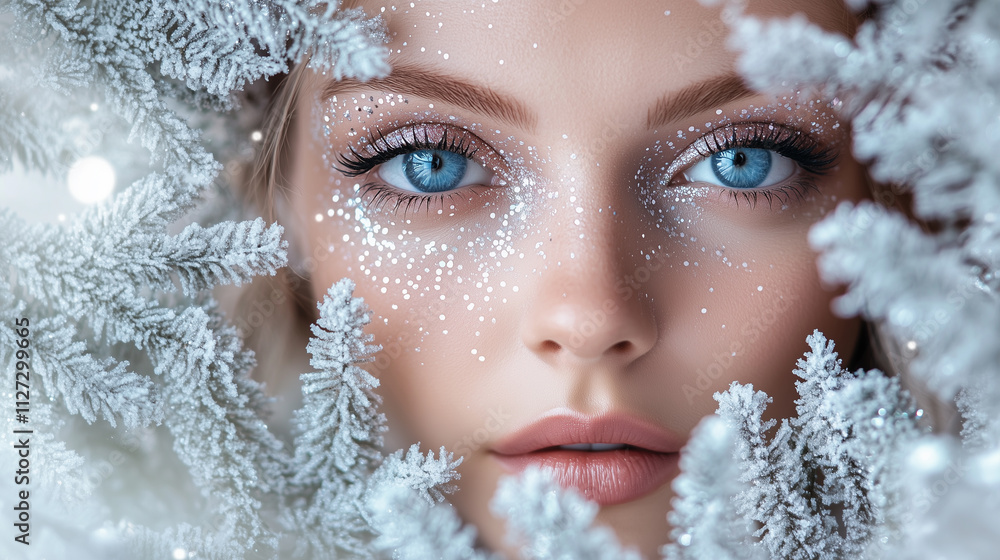 Primo piano di modella con occhi azzurri dentro un albero innevato Primo piano di modella con occhi azzurri dentro un albero innevato