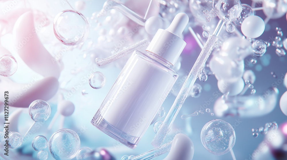 Transparent glass bottle with white label of skin care product, surrounded by transparent tubes and bubbles in an industrial laboratory setting on pink and blue tones