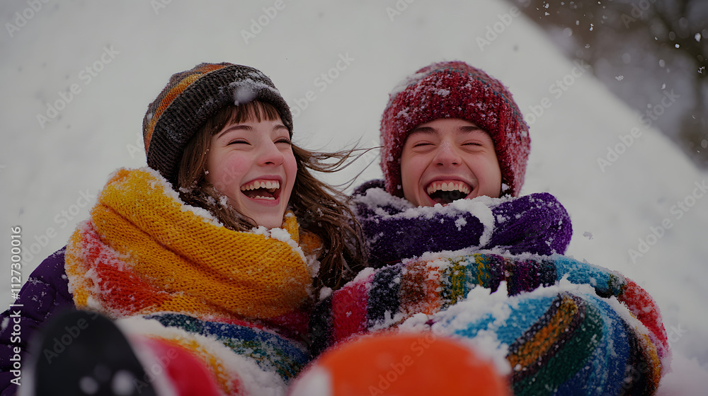 A young couple sledding downhill together wrapped in colorful scarves and laughing.