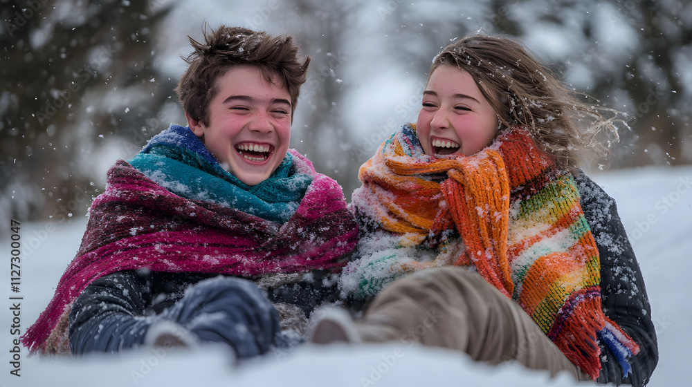 A young couple sledding downhill together wrapped in colorful scarves and laughing.