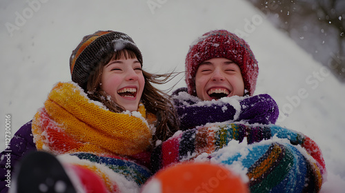 Obraz na płótnie A young couple sledding downhill together wrapped in colorful scarves and laughing. w salonie