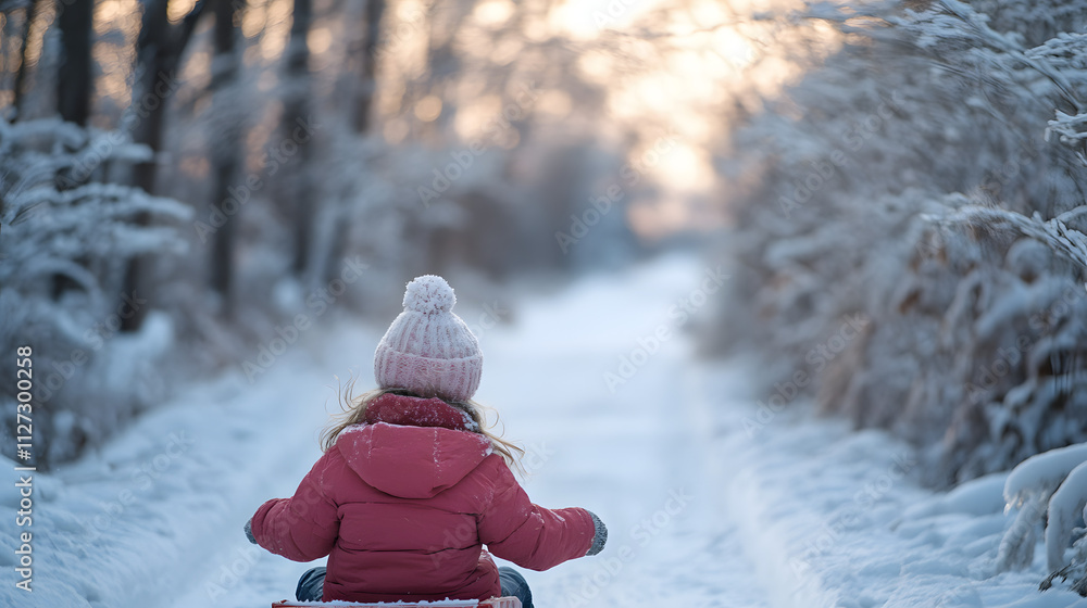 A young girl steering her sled expertly through a snowy forest trail.