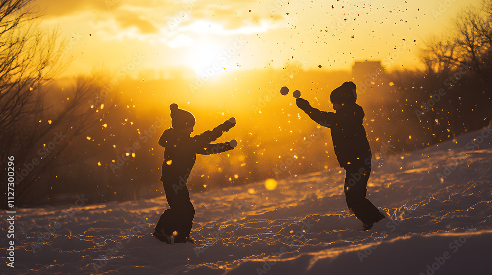 Two children throwing snowballs under the soft glow of a winter sunset.