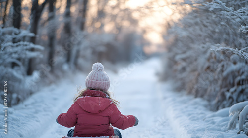 Obraz na płótnie A young girl steering her sled expertly through a snowy forest trail. w salonie