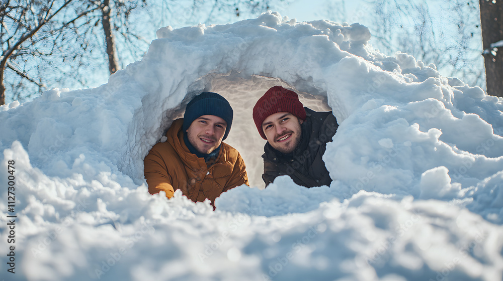 Two friends crouched behind a snow fort preparing for a snowball attack.