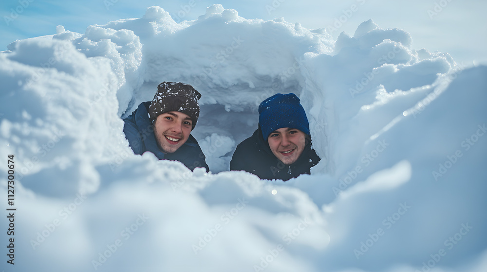 Two friends crouching behind a snow fort planning their next snowball attack.