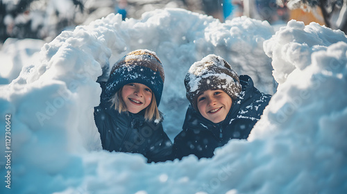 Two friends crouching behind a snow fort planning their next snowball attack.