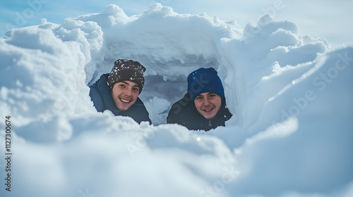 Obraz na płótnie Two friends crouching behind a snow fort planning their next snowball attack. w salonie